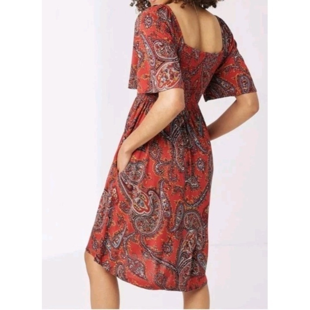 Fat Face Paisley Jersey Dress Cherry Red Size 4 NWT Smocked Pockets Boho Casual - Picture 2 of 13